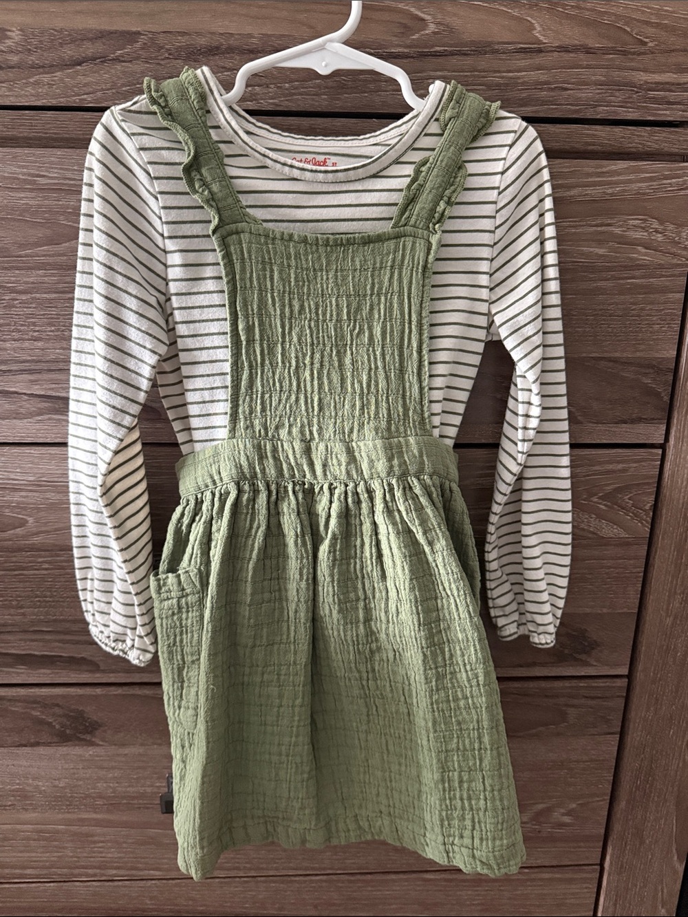 Cat & Jack Olive Green Crinkled Pinafore Dress with Striped Top